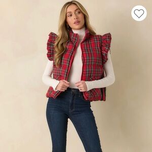 Red Plaid Puffer Vest with Ruffle Sleeves